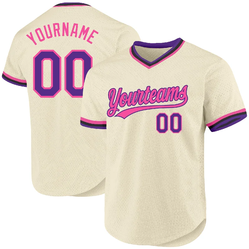 Baseball Jersey For School Team Orders-Custom Cream Purple Pink-Black Authentic Throwback Baseball Jersey