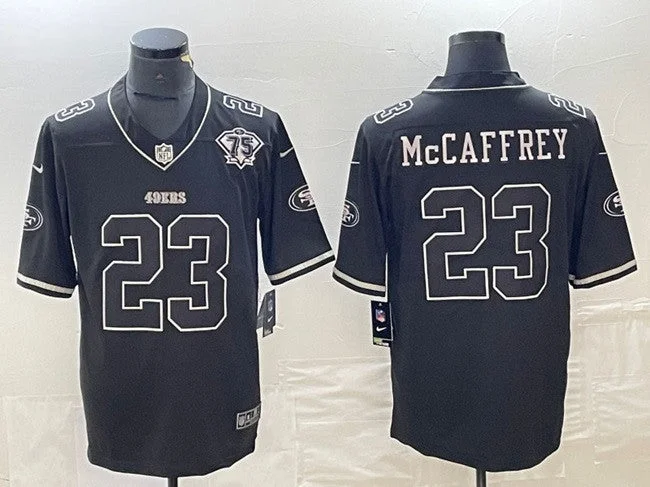 Football Jersey For Game Day Orders-Men's San Francisco 49ers #23 Christian McCaffrey Black With 75th Anniversary Patch Football Stitched Jersey