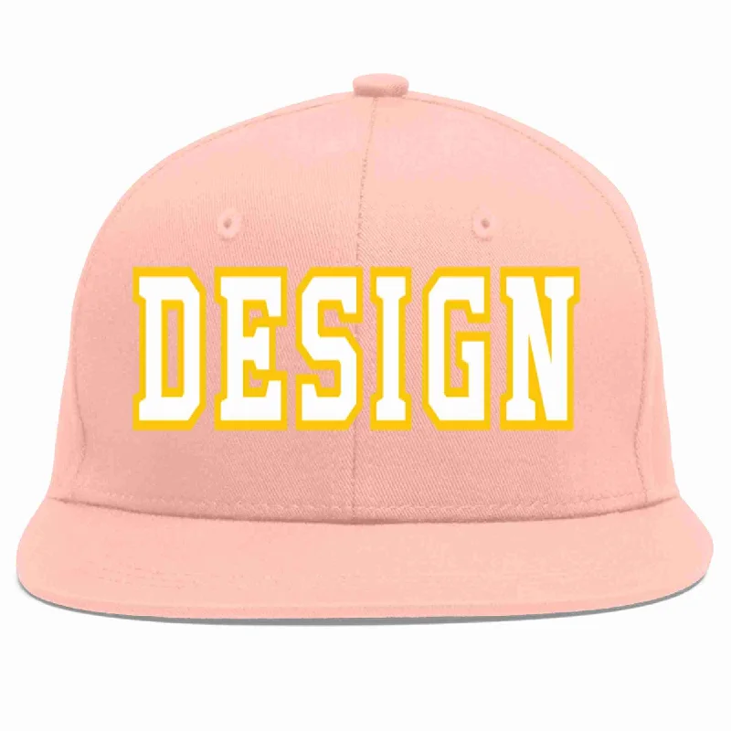 Baseball Cap With Custom Embroidered Patches-Custom Pink White-Gold Flat Eaves Sport Baseball Cap Design for Men/Women/Youth