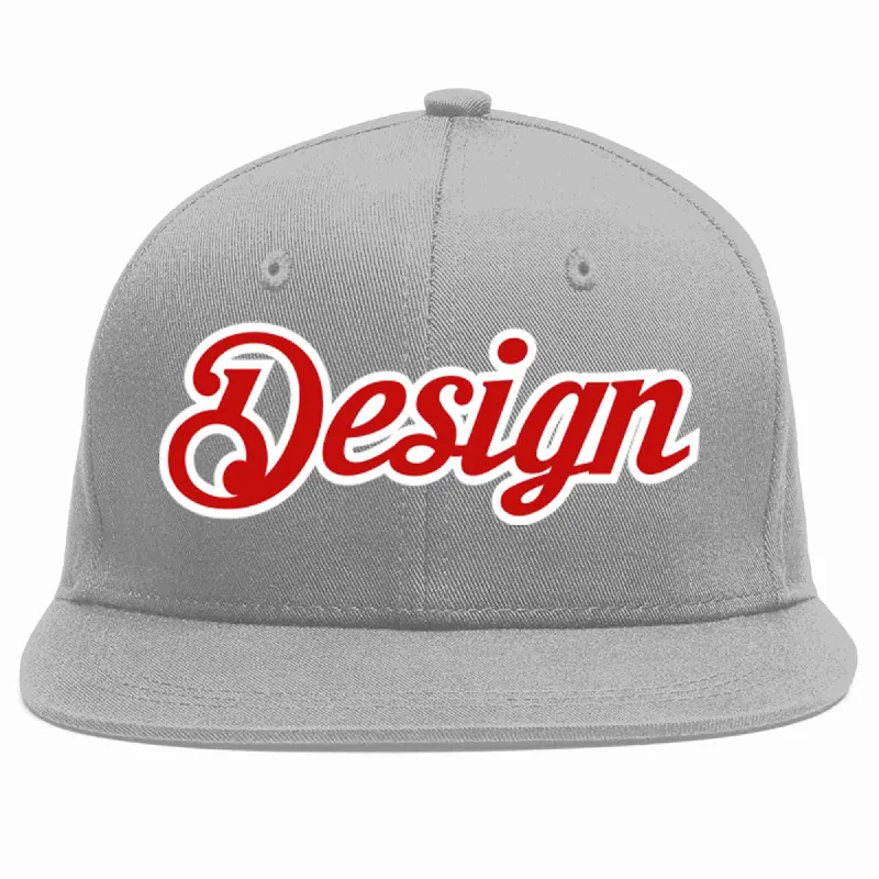 Baseball Cap For Softball Fan Customization-Custom Gray Red-White Flat Eaves Sport Baseball Cap Design for Men/Women/Youth