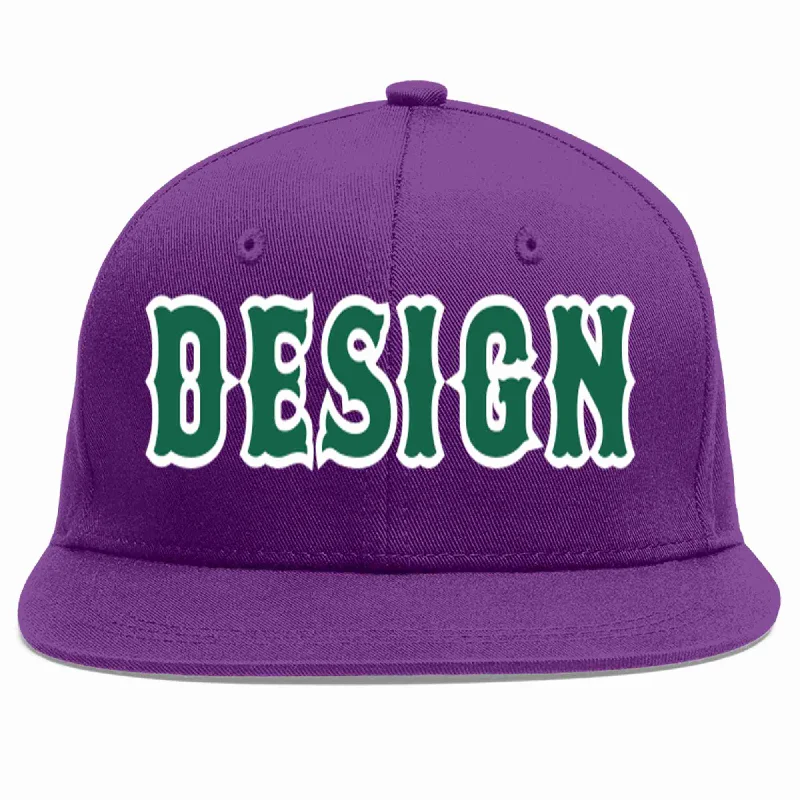 Baseball Cap For Personalized School Apparel-Custom Purple Kelly Green-White Flat Eaves Sport Baseball Cap Design for Men/Women/Youth