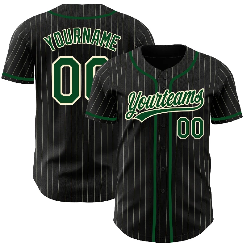 Baseball Jersey For Custom Event Team Orders-Custom Black Cream Pinstripe Green Authentic Baseball Jersey