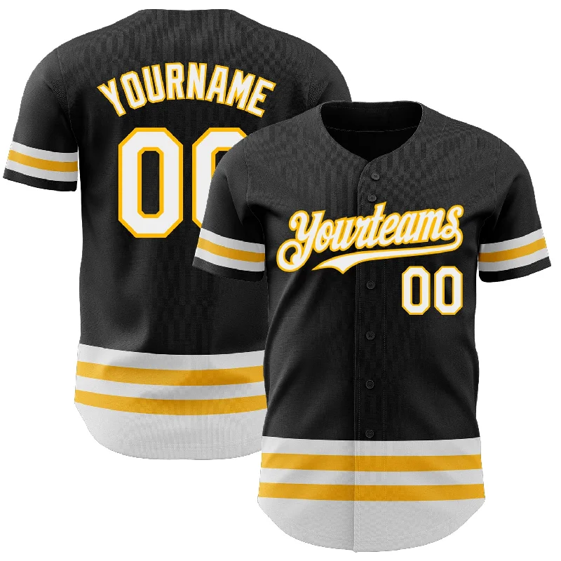 Baseball Jersey For High School Customization-Custom Black White-Gold Line Authentic Baseball Jersey