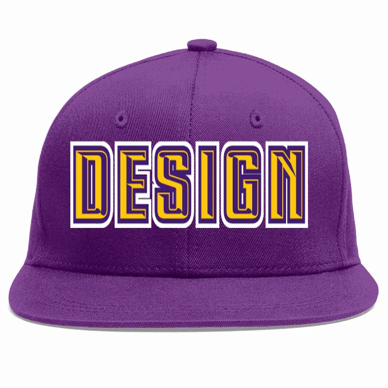 Baseball Cap For Custom Fan Designs-Custom Purple Gold-purple Flat Eaves Sport Baseball Cap Design for Men/Women/Youth