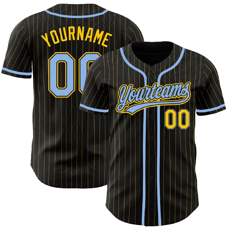 Baseball Jersey For High School Customization-Custom Black Yellow Pinstripe Light Blue Authentic Baseball Jersey