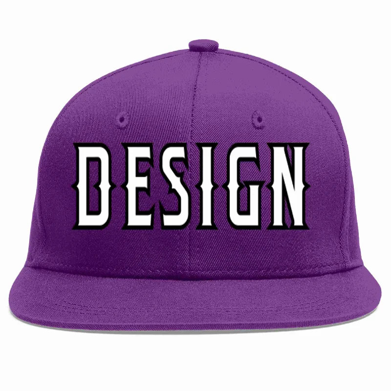 Baseball Cap For Custom Event Merchandise-Custom Purple White-Black Flat Eaves Sport Baseball Cap Design for Men/Women/Youth