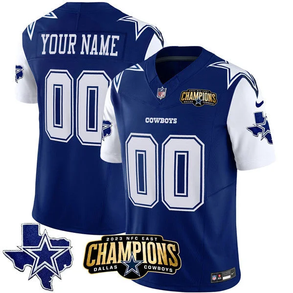 Football Jersey With Custom Player Numbers-Men's Dallas Cowboys Active Player Custom Blue/White 2023 F.U.S.E. NFC East Champions Patch Football Stitched Jersey