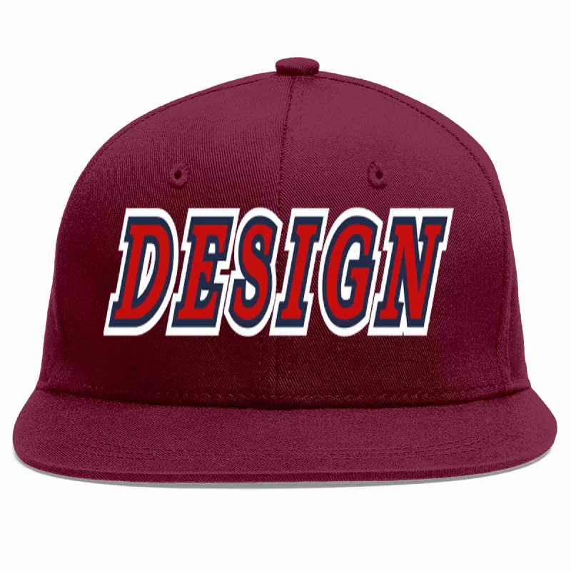 Baseball Cap For Youth League Merchandise-Custom Crimson Red-Navy Flat Eaves Sport Baseball Cap Design for Men/Women/Youth