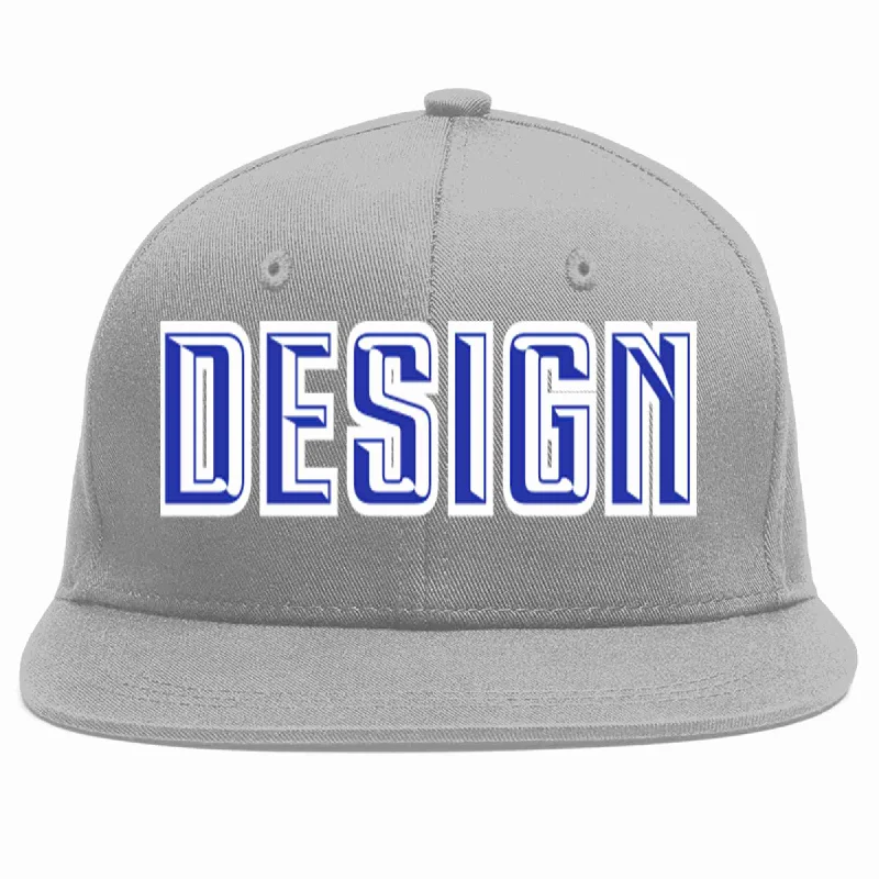 Baseball Cap For Player Recognition-Custom Gray Royal-White Flat Eaves Sport Baseball Cap Design for Men/Women/Youth