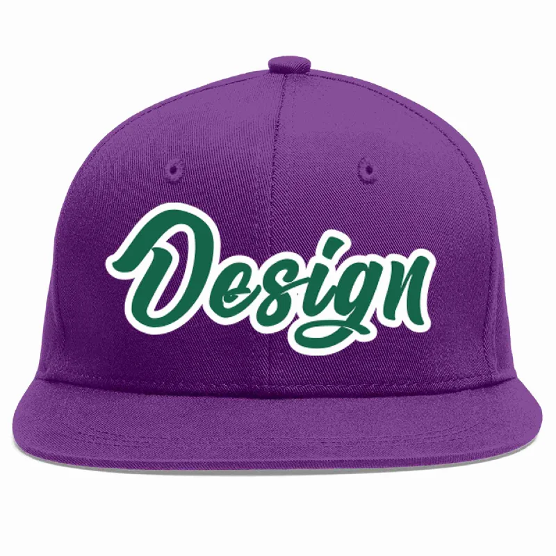 Baseball Cap For Youth Team Gear-Custom Purple Kelly Green-White Flat Eaves Sport Baseball Cap Design for Men/Women/Youth