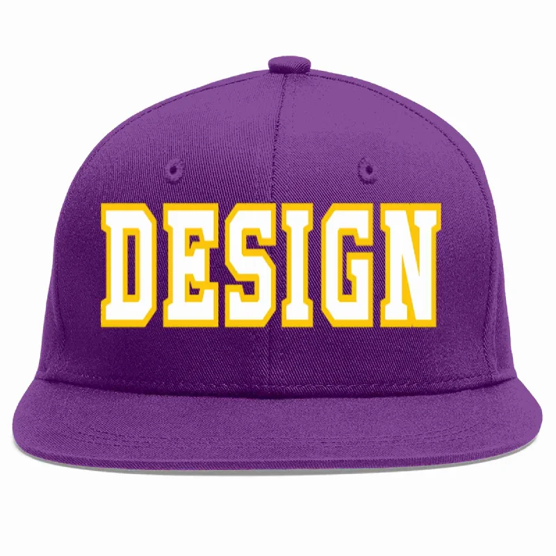 Baseball Cap With Custom Color Options-Custom Purple White-Gold Flat Eaves Sport Baseball Cap Design for Men/Women/Youth