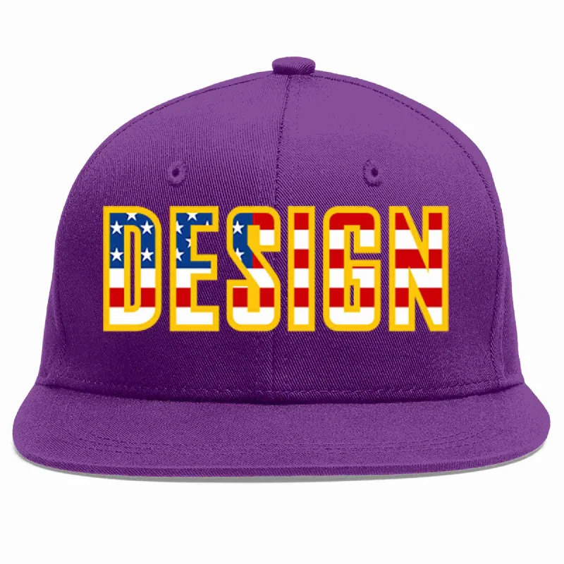 Custom Baseball Cap-Custom Purple Vintage USA Flag-Gold Flat Eaves Sport Baseball Cap Design for Men/Women/Youth