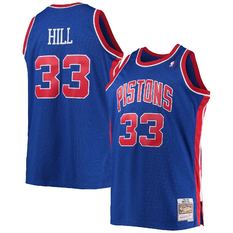 Basketball Jersey With Embroidered Team Names-Grant Hill Detroit Pistons 1995/96 Big & Tall Hardwood Classics Swingman Basketball Jersey - Blue