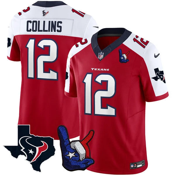 Football Jersey For Custom Designs-Men's Houston Texans #12 Nico Collins White/Red 2023 F.U.S.E. With 1-Star C And Hand Sign Throwing Up The H Patch Vapor Untouchable Limited Football Stitched Jersey