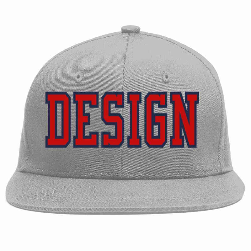 Custom Gray Red-Navy Flat Eaves Sport Baseball Cap Design for Men/Women/Youth