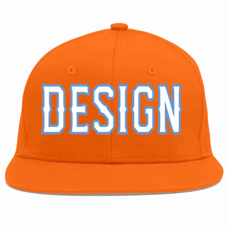 Baseball Cap With Unique Designs-Custom Orange White-Light Blue Flat Eaves Sport Baseball Cap Design for Men/Women/Youth