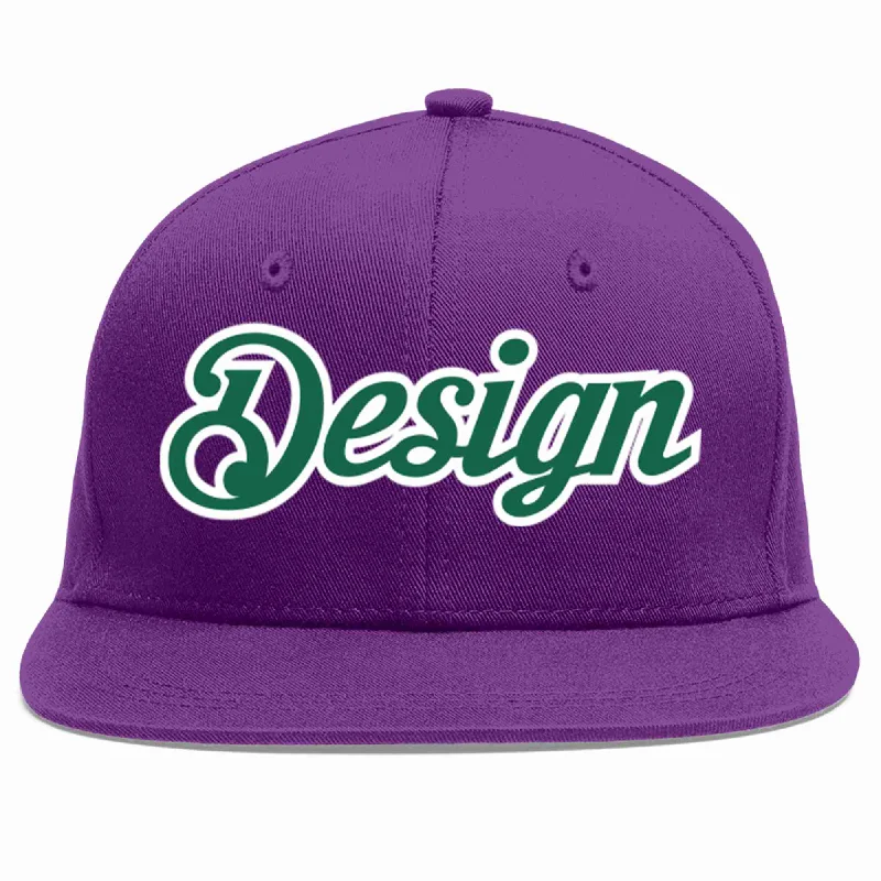 Baseball Cap For Custom Fan Apparel Sales-Custom Purple Kelly Green-White Flat Eaves Sport Baseball Cap Design for Men/Women/Youth