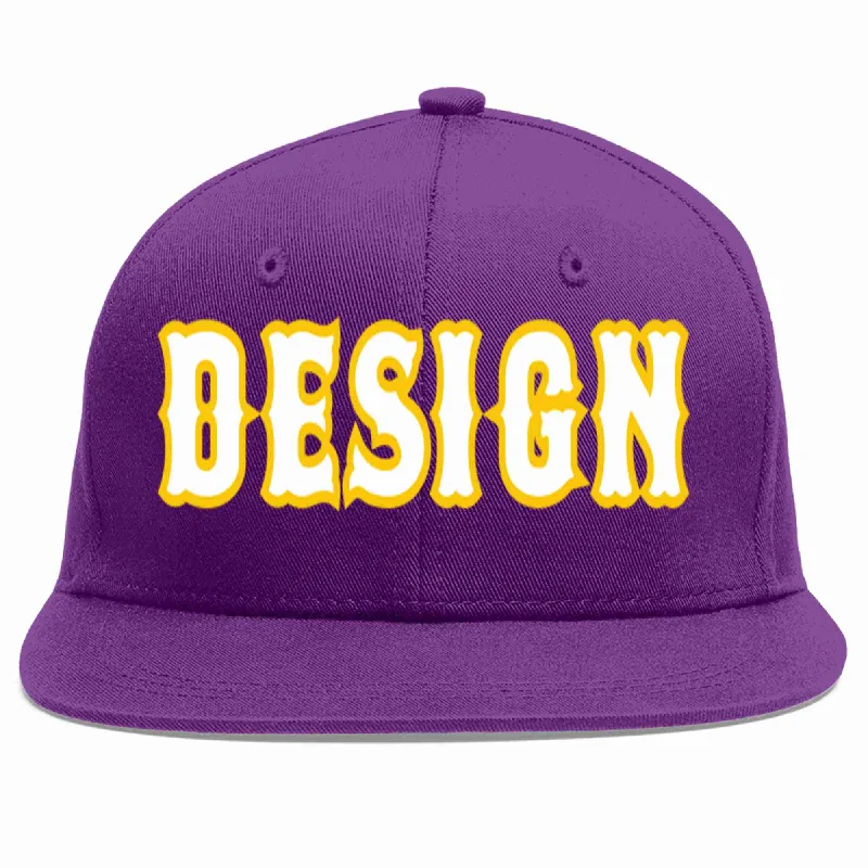 Baseball Cap For Exclusive Fan Gear-Custom Purple White-Gold Flat Eaves Sport Baseball Cap Design for Men/Women/Youth