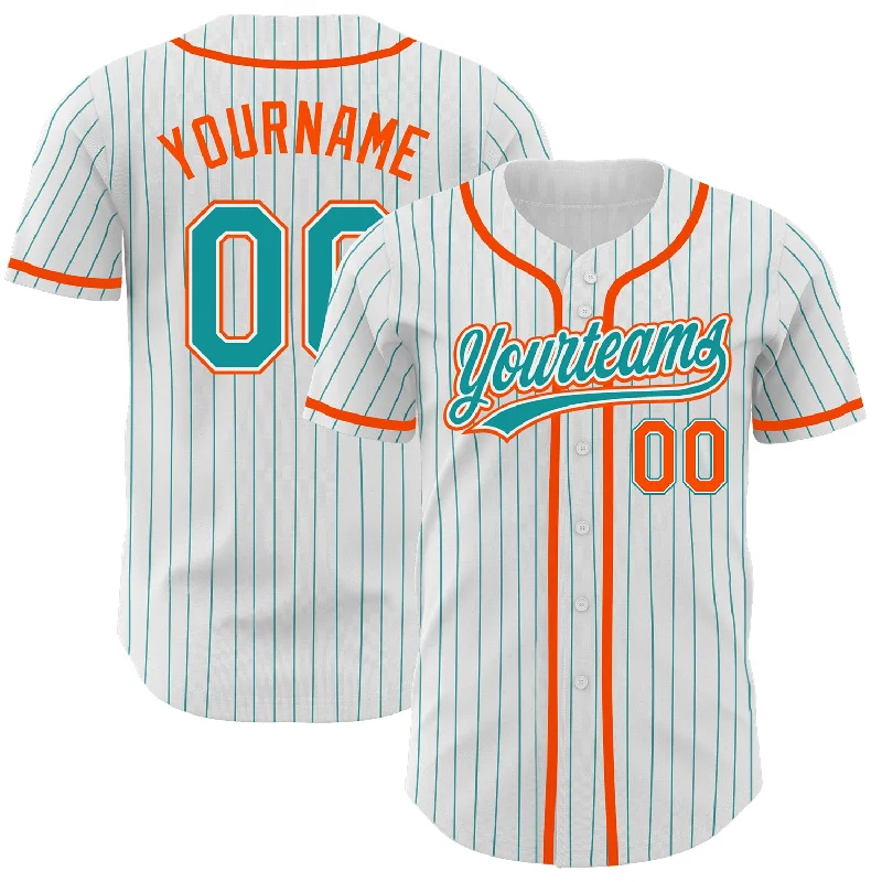 Baseball Jersey For Custom Player Gear-Custom White Teal Pinstripe Teal-Orange Authentic Baseball Jersey