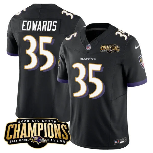 Football Jersey For Promotional Sales-Men's Baltimore Ravens #35 Gus Edwards Black 2023 F.U.S.E. AFC North Champions Vapor Limited Football Stitched Jersey