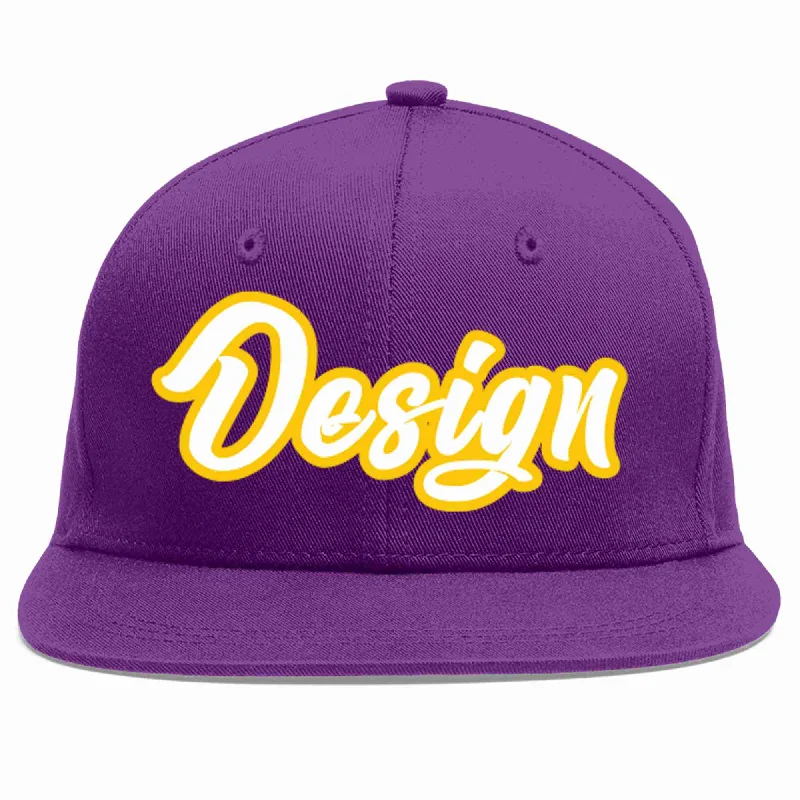 Baseball Cap For Major League Fan Gear-Custom Purple White-Gold Flat Eaves Sport Baseball Cap Design for Men/Women/Youth