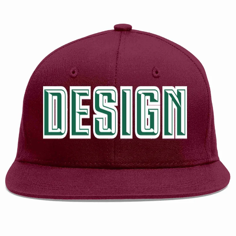 Baseball Cap For Tournament Teams-Custom Crimson Kelly Green-White Flat Eaves Sport Baseball Cap Design for Men/Women/Youth