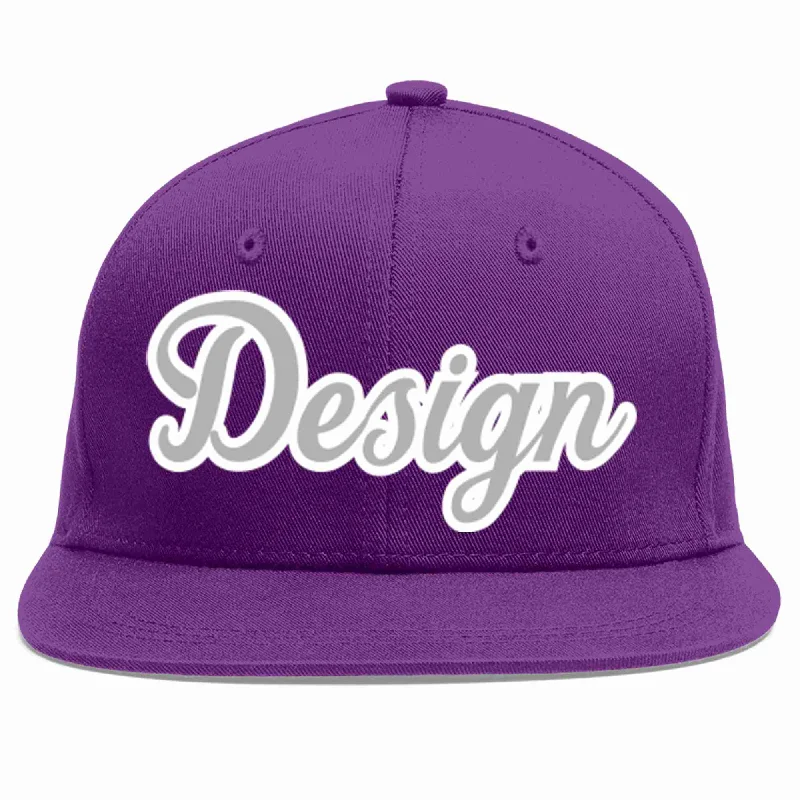 Baseball Cap With Custom Player Logos-Custom Purple Gray-White Flat Eaves Sport Baseball Cap Design for Men/Women/Youth