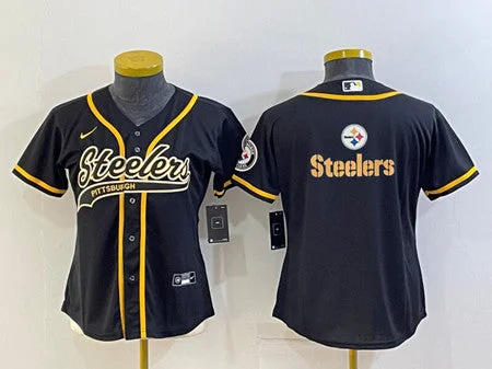 Baseball Jersey For Official Merchandise Customization-Women's Pittsburgh Steelers Black Team Big Logo With Patch Cool Base Stitched Baseball Jersey(Run Small)