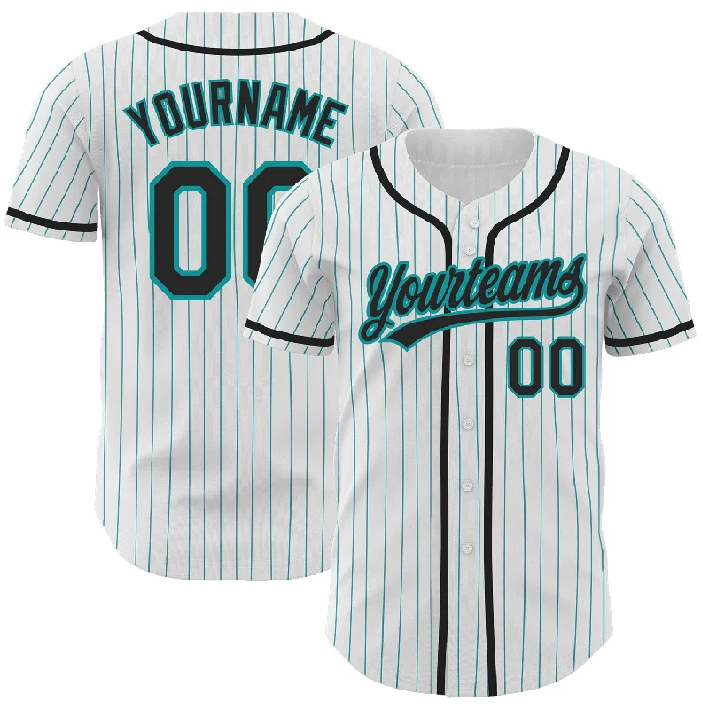 Baseball Jersey For Game Day Supporter Gear-Custom White Teal Pinstripe Black Authentic Baseball Jersey