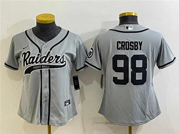 Baseball Jersey For Event Apparel Customization-Women's Oakland Raiders #98 Maxx Crosby Grey With Patch Cool Base Stitched Baseball Jersey(Run Small)