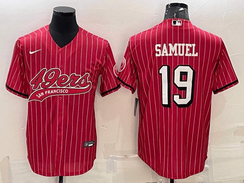 Baseball Jersey For Custom High School Orders-Men's San Francisco 49ers #19 Deebo Samuel Red Pinstripe Color Rush With Patch Cool Base Stitched Baseball Jersey