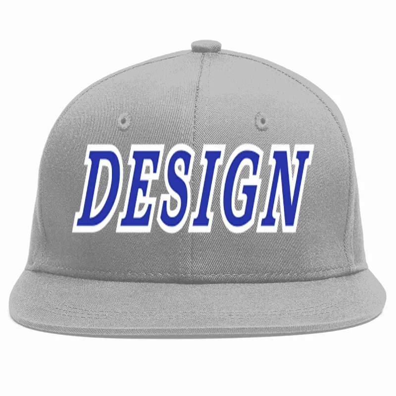 Baseball Cap With Personalized Patches-Custom Gray Royal-White Flat Eaves Sport Baseball Cap Design for Men/Women/Youth