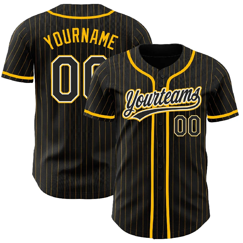 Baseball Jersey With Embroidered Team Names-Custom Black Gold Pinstripe Black-White Authentic Baseball Jersey