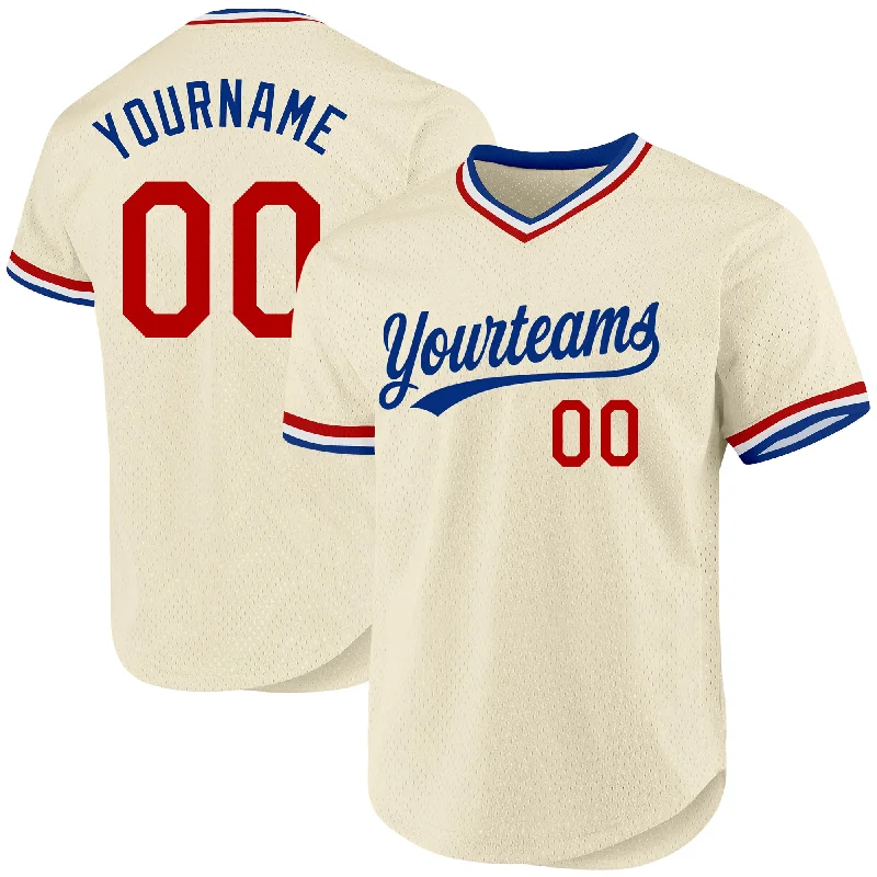 Baseball Jersey For College Fan Gear-Custom Cream Red Royal-White Authentic Throwback Baseball Jersey