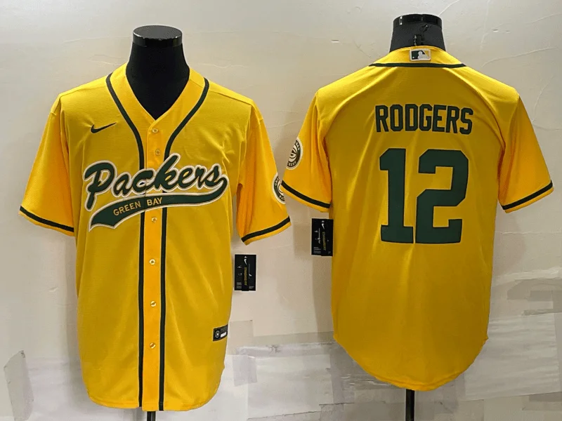 Baseball Jersey For Custom School Spirit Gear-Men's Green Bay Packers #12 Aaron Rodgers Yellow Stitched Cool Base Baseball Jersey