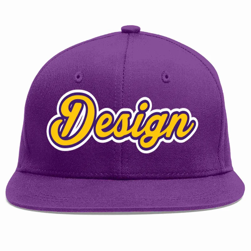 Baseball Cap For School Fundraising-Custom Purple Gold-purple Flat Eaves Sport Baseball Cap Design for Men/Women/Youth