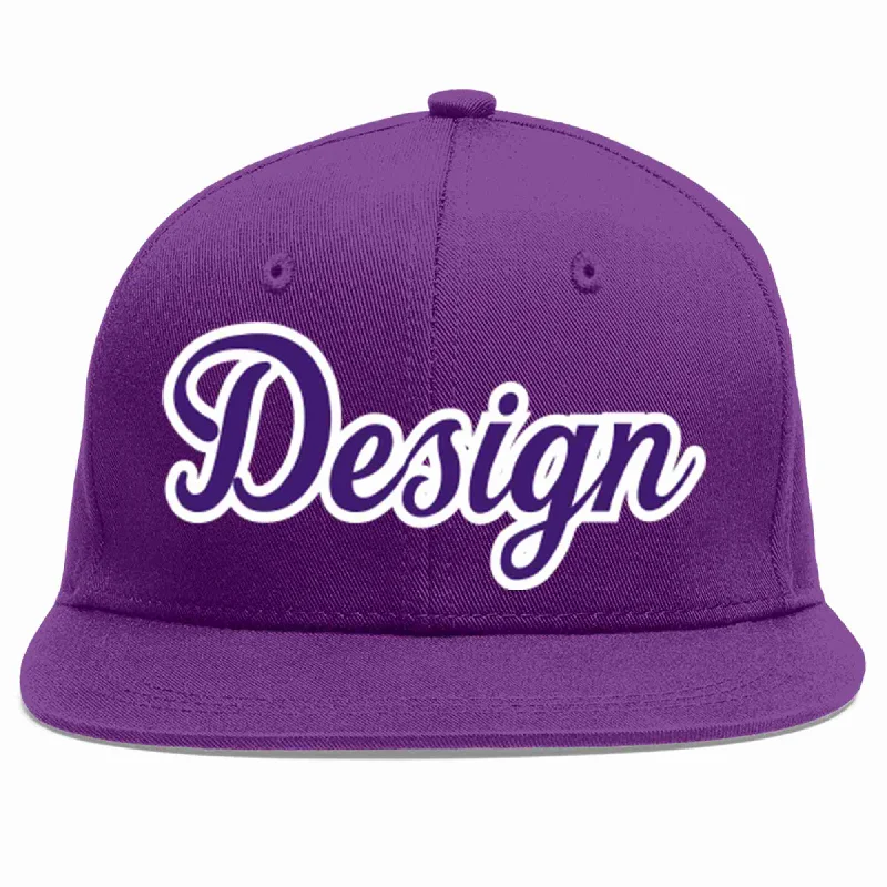 Baseball Cap For Softball Teams-Custom Purple purple-White Flat Eaves Sport Baseball Cap Design for Men/Women/Youth