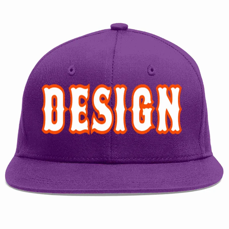 Baseball Cap With Custom Player Names-Custom Purple White-Orange Flat Eaves Sport Baseball Cap Design for Men/Women/Youth