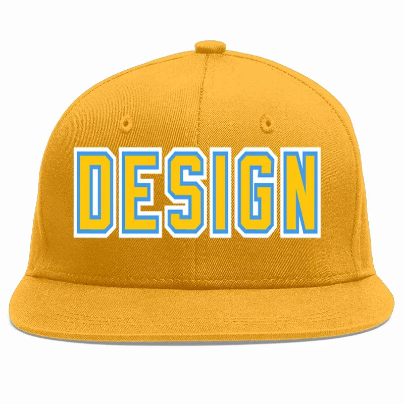 Baseball Cap With Personalized Embroidered Name-Custom Gold Gold-Powder Blue Flat Eaves Sport Baseball Cap Design for Men/Women/Youth