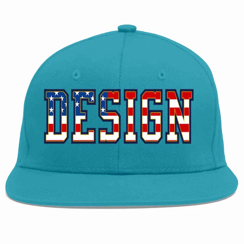 Baseball Cap For Event Merchandise-Custom Aqua Vintage USA Flag-Gold Flat Eaves Sport Baseball Cap Design for Men/Women/Youth