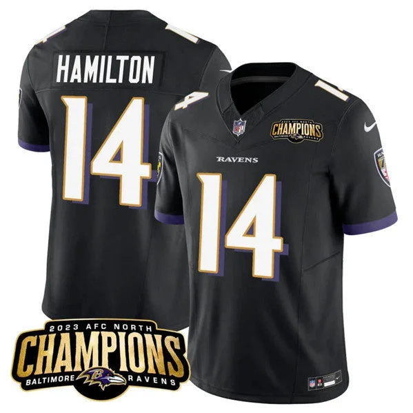 Football Jersey With Custom Embroidered Logos-Men's Baltimore Ravens #14 Kyle Hamilton Black 2023 F.U.S.E. AFC North Champions Vapor Limited Football Stitched Jersey