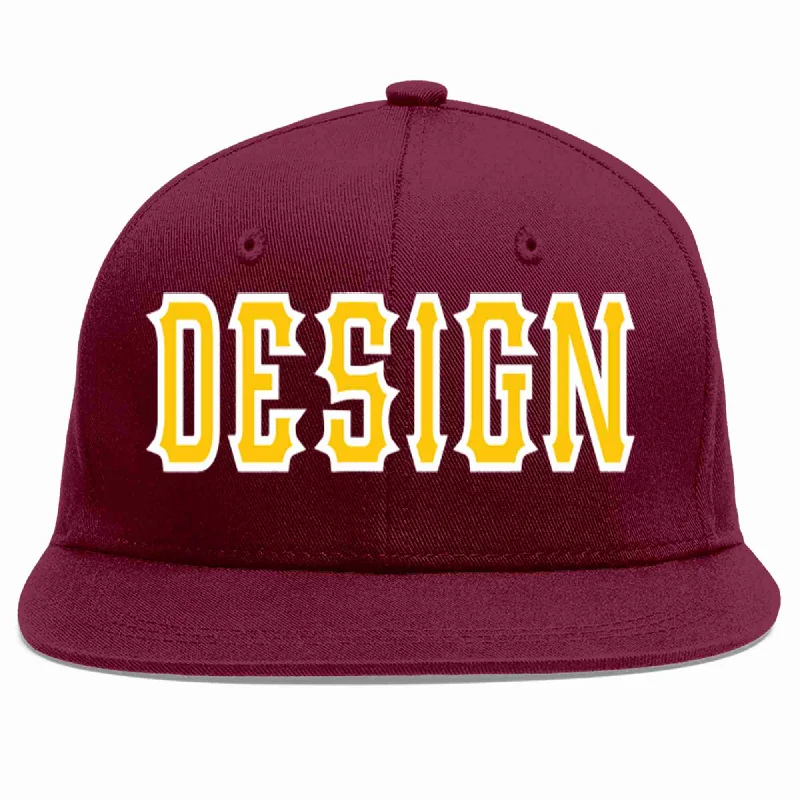 Baseball Cap With Embroidered Team Names-Custom Crimson Gold-White Flat Eaves Sport Baseball Cap Design for Men/Women/Youth