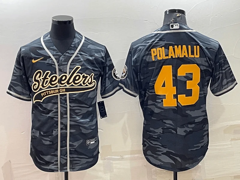 Baseball Jersey For Custom Alumni Gear-Men's Pittsburgh Steelers #43 Troy Polamalu Grey Navy Camo With Patch Cool Base Stitched Baseball Jersey