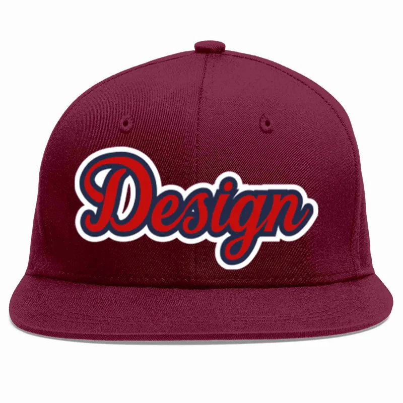 Baseball Cap With Personalized Stitching Options-Custom Crimson Red-Navy Flat Eaves Sport Baseball Cap Design for Men/Women/Youth