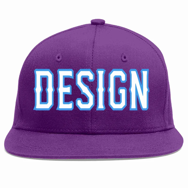 Baseball Cap With Embroidered Team Names-Custom Purple White-Powder Blue Flat Eaves Sport Baseball Cap Design for Men/Women/Youth