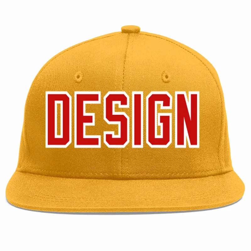 Baseball Cap For Youth Player Gear-Custom Gold Red-White Flat Eaves Sport Baseball Cap Design for Men/Women/Youth