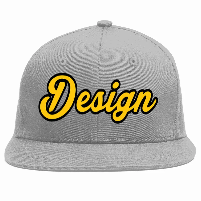 Baseball Cap For Official Team Apparel-Custom Gray Gold-Black Flat Eaves Sport Baseball Cap Design for Men/Women/Youth