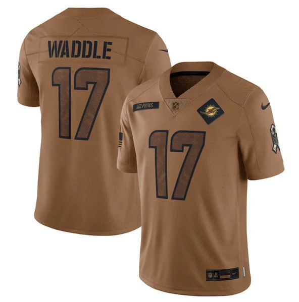 Football Jersey For School Team Orders-Men's Miami Dolphins #17 Jaylen Waddle 2023 Brown Salute To Service Limited Football Stitched Jersey