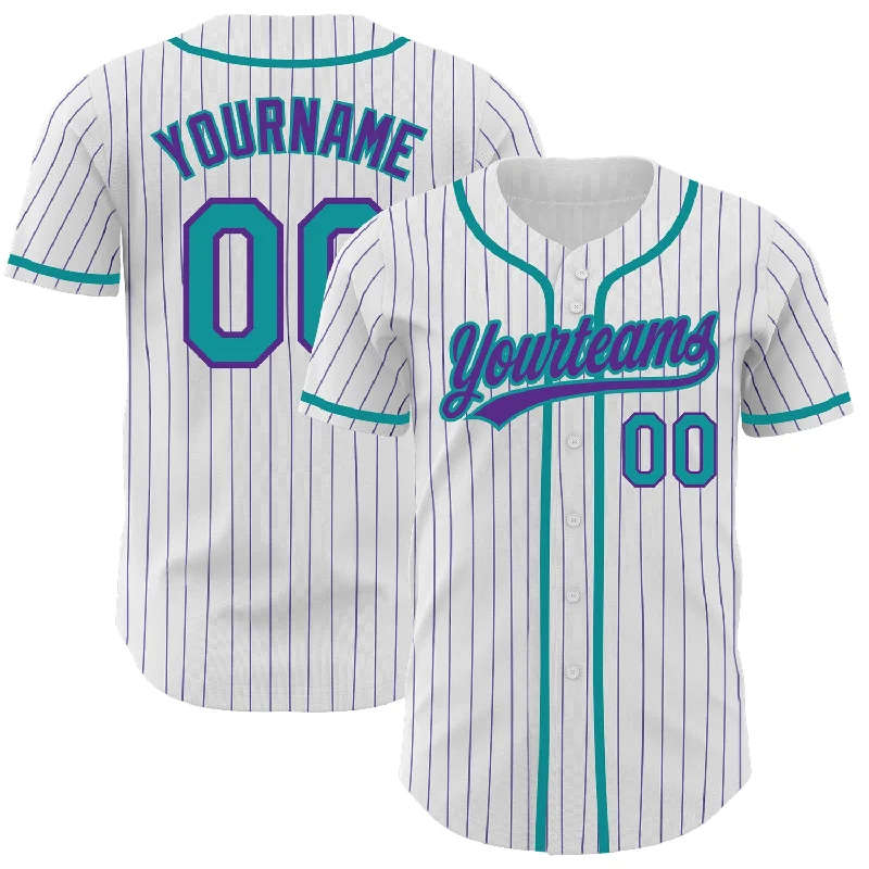 Baseball Jersey For Custom Alumni Gear-Custom White Purple Pinstripe Teal Authentic Baseball Jersey