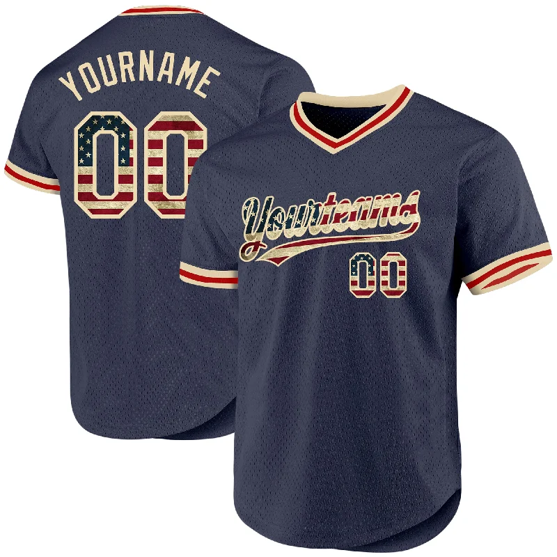 Baseball Jersey For Custom High School Orders-Custom Navy Vintage USA Flag Cream-Red Authentic Throwback Baseball Jersey